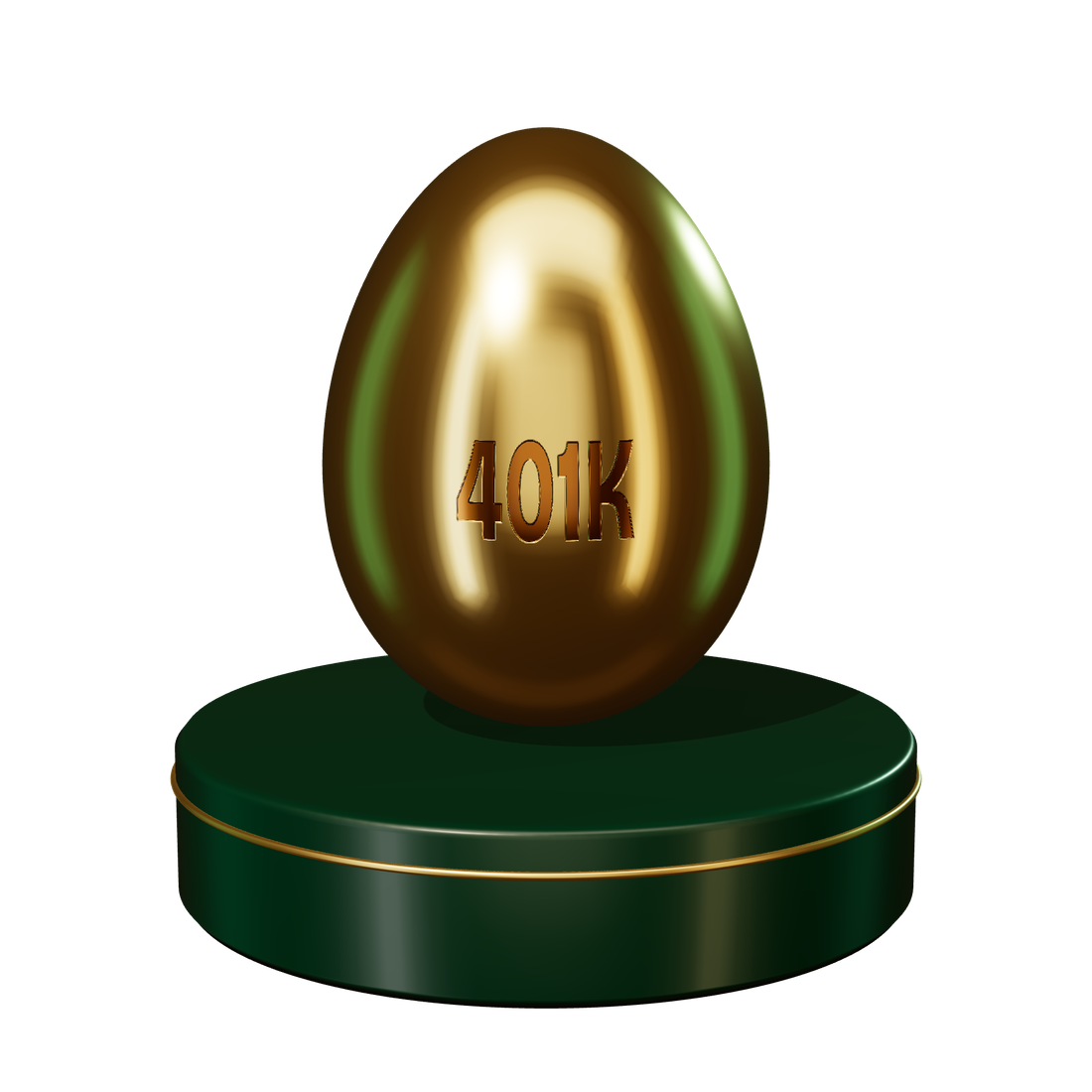 A gold nest egg engraved 401K, on a dark green plinth